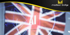 Double exposure image of the UK flag with the letters AI.